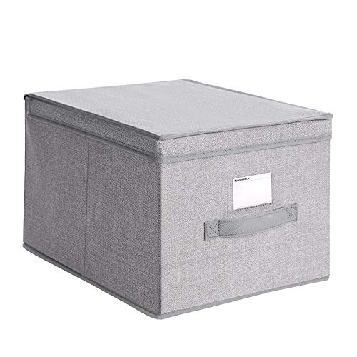 SONGMICS Juego de 3 Cajas Plegables con Tapas, Cajas de Almacenaje de Tela con Portaetiquetas, 40 x 30 x 25 cm, Gris Claro RYFB03W