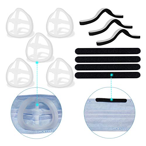 Soporte de máscara 3D de silicona 5 piezas + almohadillas de puente nasal de esponja 50 piezas, para un uso cómodo de la máscara, soporte de máscara de silicona para proteger el lápiz labial