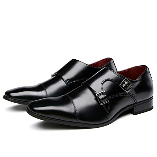 Suela de goma WoodenHeel superior de piel sintétic Oxfords de hombres Zapatos del vestido formal del resbalón en la plaza del dedo del pie del cuero genuino de doble correa Monk Burnished estilo de co