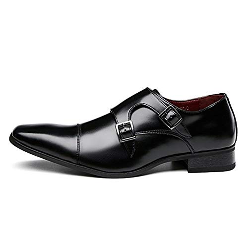 Suela de goma WoodenHeel superior de piel sintétic Oxfords de hombres Zapatos del vestido formal del resbalón en la plaza del dedo del pie del cuero genuino de doble correa Monk Burnished estilo de co