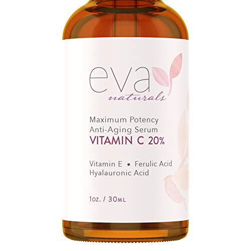 Suero de Vitamina C al 20% Eva Naturals (1 oz) el Mejor Suero de Vitamina C para Rostro, Anti-Edad, Protección Rayos UV y Radicales Libres, Ácido Hialurónico, Vitamina E y Cúrcuma, Fórmula Mejorada