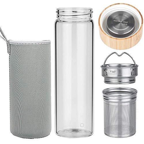 sunkey Botella Agua Cristal 1 Litro sin Bpa con Infusor Té y Frutas Tapa de Bambú