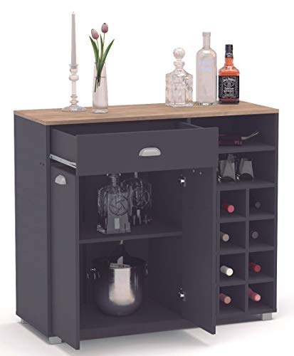 SZ Suarez Buffet Asfeld botellero 2 Puertas 1 cajón Cocina Gris Grafito Mueble Auxiliar almacenaje 101x90x40 cm