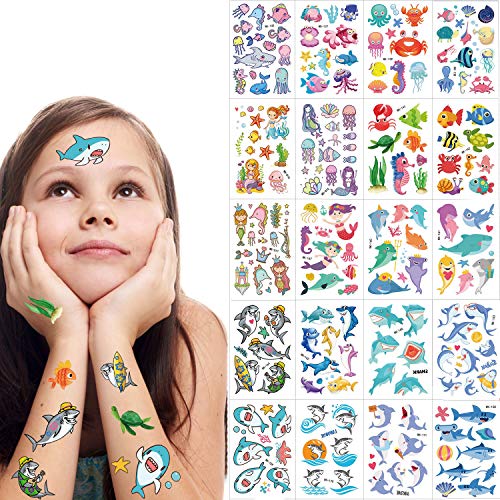 SZSMART Tiburón Tatuajes temporales Sirena Tatuajes Falso Tatuaje 20 Hojas Pegatinas para Niños Niñas Infantiles Regalo para Fiesta de Cumpleaños Piñata