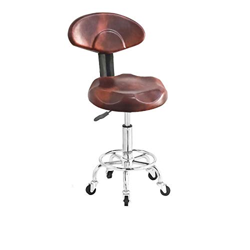 Taburete Bar con Rueditas，Sillas de Peluqueria Hidraulicas con Marrón Cuero Sintético Asiento，Altura Regulable 42-54 cm，160kg de Capacidad de Carga，Taburete Polipiel con Respaldo para Peluquería Mani