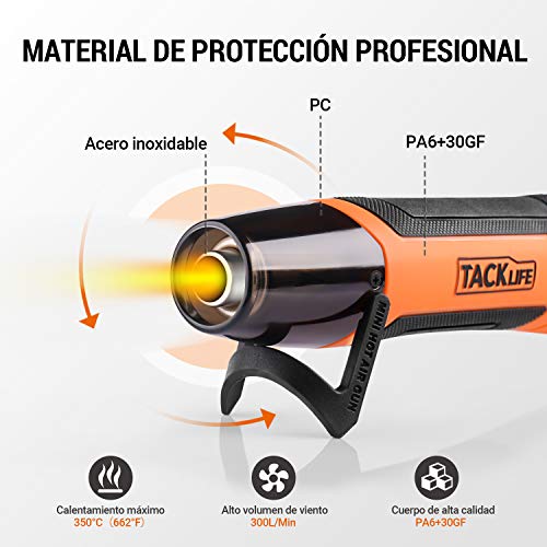 TACKLIFE Mini Pistola de Calor, Pistola de Aire Caliente Portátil 350W, 0~350°C, Cable 2M, y con Una Boquilla Reflectora de Cuchara, HGP35AC