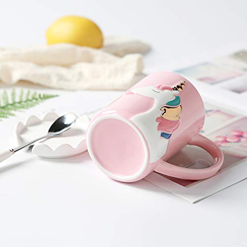 Tazas Lindas Taza de cerámica con Unicornio Taza de café Divertida Personalizado Único Leche Tazas de té con Tapa de Encaje y Cuchara para niños, Mujer, Muchachas (Rosado)