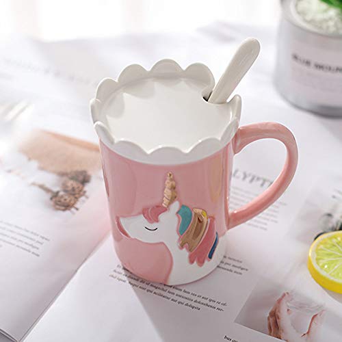 Tazas Lindas Taza de cerámica con Unicornio Taza de café Divertida Personalizado Único Leche Tazas de té con Tapa de Encaje y Cuchara para niños, Mujer, Muchachas (Rosado)