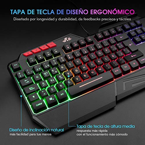 Teclados Gaming, Rii RK202 Teclado Gaming, Teclado USB, Teclado Gaming PS4 LED Retroiluminado con Cable USB, Teclado para PC / Laptop / PS4 / Xbox One (Teclados Español, Negro)