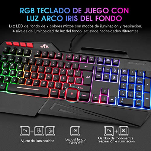 Teclados Gaming, Rii RK202 Teclado Gaming, Teclado USB, Teclado Gaming PS4 LED Retroiluminado con Cable USB, Teclado para PC / Laptop / PS4 / Xbox One (Teclados Español, Negro)