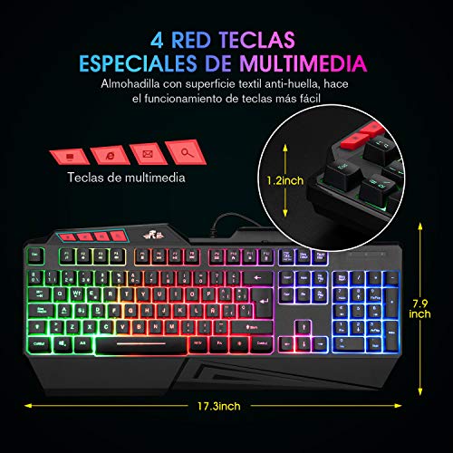 Teclados Gaming, Rii RK202 Teclado Gaming, Teclado USB, Teclado Gaming PS4 LED Retroiluminado con Cable USB, Teclado para PC / Laptop / PS4 / Xbox One (Teclados Español, Negro)