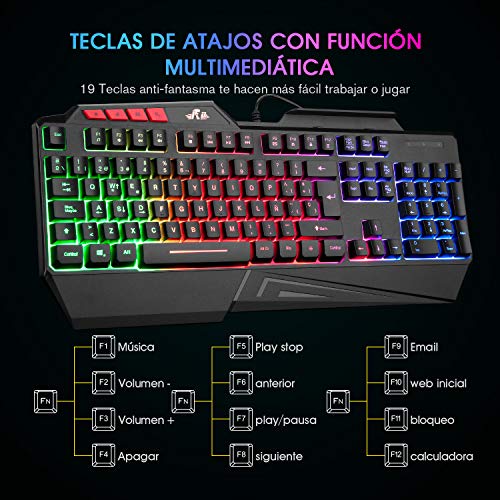 Teclados Gaming, Rii RK202 Teclado Gaming, Teclado USB, Teclado Gaming PS4 LED Retroiluminado con Cable USB, Teclado para PC / Laptop / PS4 / Xbox One (Teclados Español, Negro)