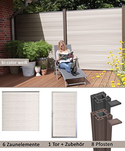 terrasso WPC/BPC Visión – Valla Incluye postes y puerta Element Visión – Valla de jardín Valla nuevo, Bi-color Weiß, 6 Zäune, 1 Torelement inkl. 8 Pfosten