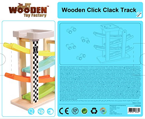 The Wooden Toy Factory - Circuito de Coches de Carreras Click Clack Racing Track con *6* Coches - Incluye Aparcamiento - No Requiere Montaje