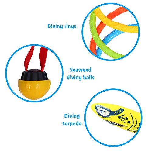 ThinkMax 14pcs Juguetes de Buceo con 4 Anillos, Bolas de Buceo de Buceo 2 de Algas Marinas y 8 Torpedos de Buceo, para niños de Verano Juguetes de Playa y cálido Verano clásicos Juegos de Agua