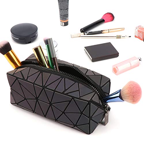 Tikea Bolsa Geométrica Luminosa Holográfica para Mujer, Caja de Maquillaje de Moda en Cuero Sintético, Bolsa de Cosmético Efecto Reflectante Plegable