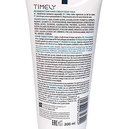 Timely - Crema de manos hidratante y regeneradora con leche de cabra, 200 ml