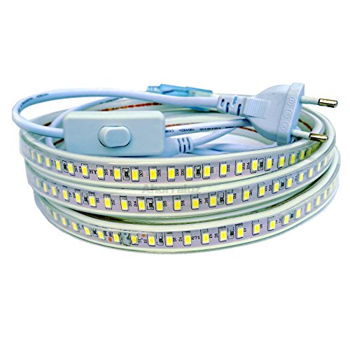 Tira Led de 220v 5730 120 Led/m con INTERRUPTOR. IMPERMEABLE Blanco Frío o Cálido Waterproof IP67 strip 5630 (2M, Blanco Frío)