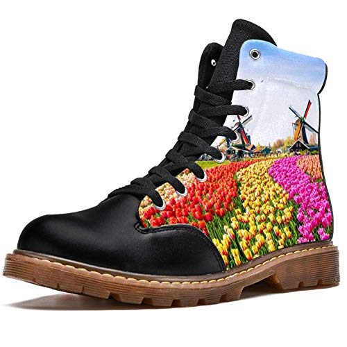 TIZORAX Flores Campos y Molino de viento Imprime Alta Parte Superior Encaje Clásico Botas de Invierno Zapatos de Escuela para Hombres Adolescentes Niños, color Multicolor, talla 42.5 EU