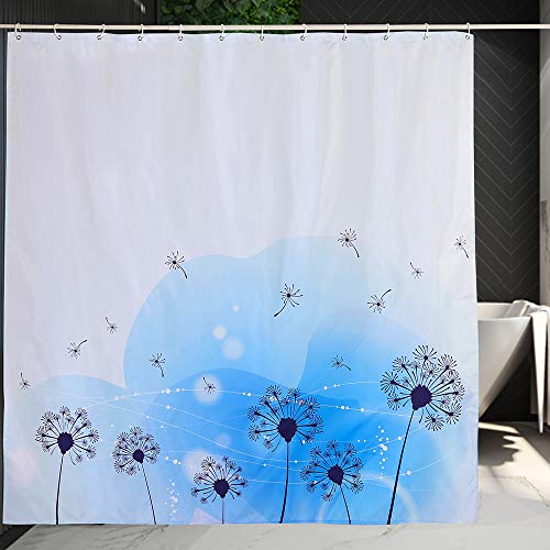 Topmail Cortinas de Ducha en Poliéster Impermeable Antimoho con 12 Ganchos, Cortina para Baño Bañera Diente de León Azul Blanco 180x180cm