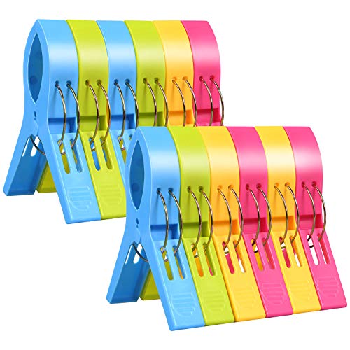 URAQT 12 pcs Grandes Playa Toalla Clips Pinzas de Plástico Fuerte, Durable Resistente Clips, Pinza de la Ropa, Resistentes al Viento, Brillante Color Clips para la Ropa Pesada y el Lavarse