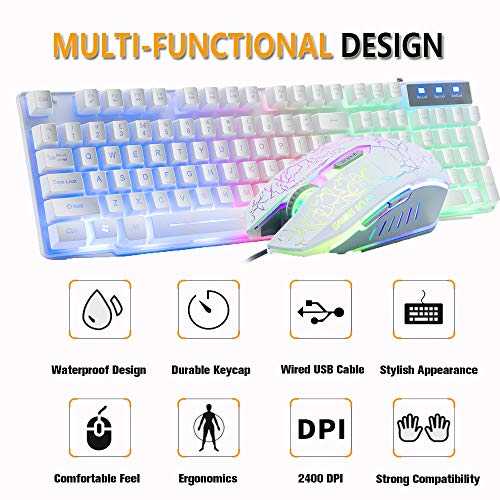 UrChoiceLtd Teclado Ratón Teclado Arcoiris Arcoiris Backlit Teclado USB + 2400DPI Ratón 6 Botones Optical LED Gaming Ratón Para Ordenador + Juego Mouse Pad 240 * 200 * 3mm Tamaño Estándar (Blanco)