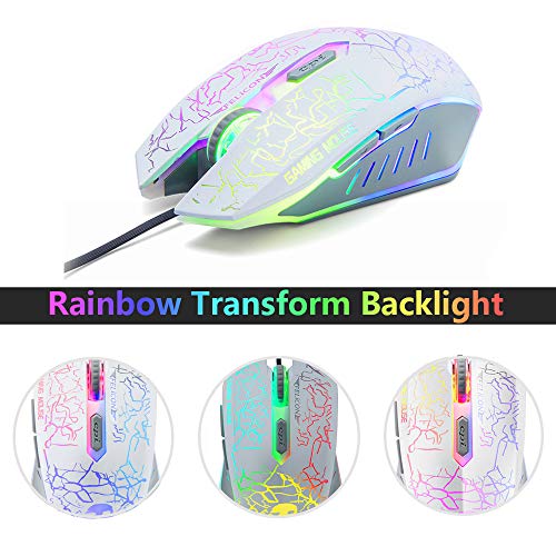 UrChoiceLtd Teclado Ratón Teclado Arcoiris Arcoiris Backlit Teclado USB + 2400DPI Ratón 6 Botones Optical LED Gaming Ratón Para Ordenador + Juego Mouse Pad 240 * 200 * 3mm Tamaño Estándar (Blanco)