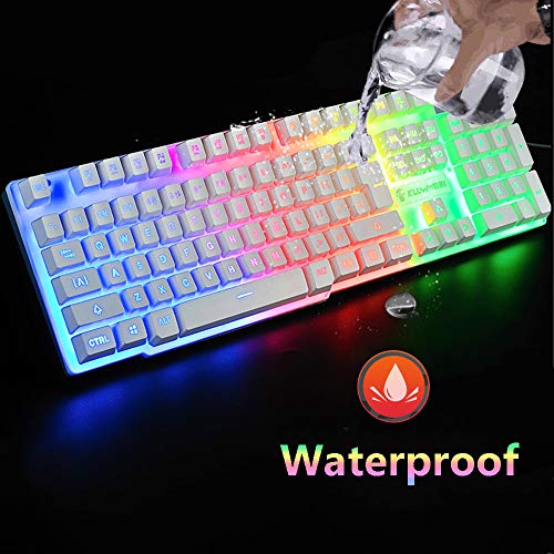 UrChoiceLtd Teclado Ratón Teclado Arcoiris Arcoiris Backlit Teclado USB + 2400DPI Ratón 6 Botones Optical LED Gaming Ratón Para Ordenador + Juego Mouse Pad 240 * 200 * 3mm Tamaño Estándar (Blanco)