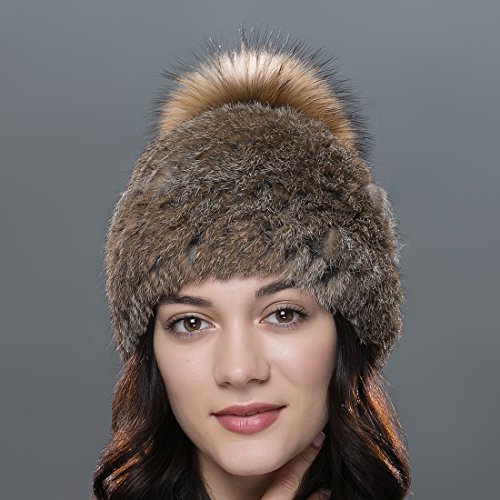 URSFUR Unisex gorra o pasamontaña de piel de conejo con pompón de mapache orejas tapadas cálido en invierno