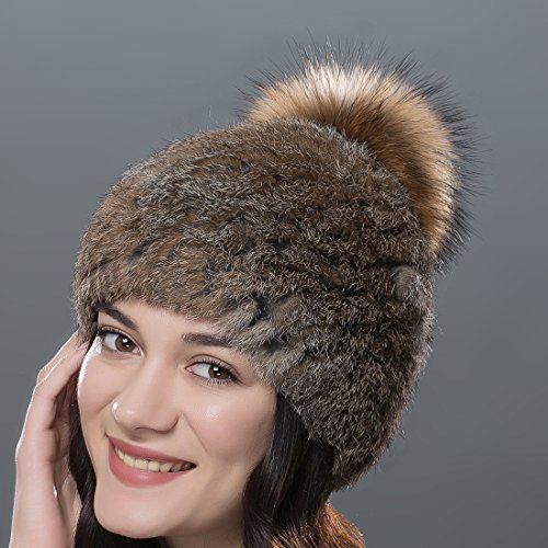 URSFUR Unisex gorra o pasamontaña de piel de conejo con pompón de mapache orejas tapadas cálido en invierno