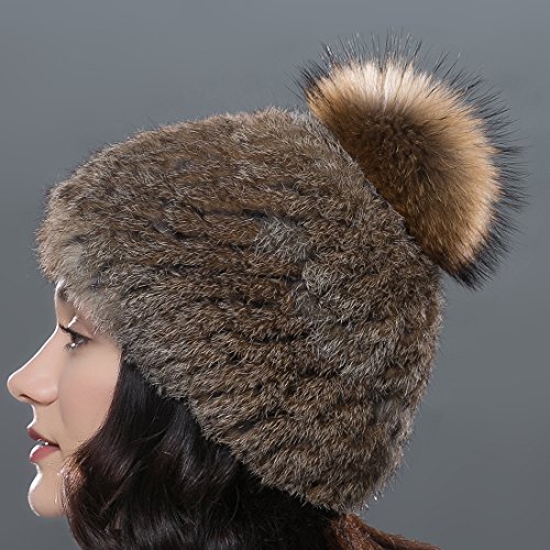 URSFUR Unisex gorra o pasamontaña de piel de conejo con pompón de mapache orejas tapadas cálido en invierno