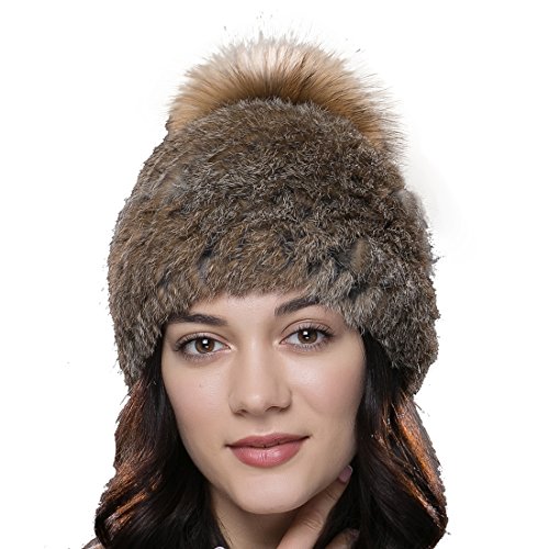 URSFUR Unisex gorra o pasamontaña de piel de conejo con pompón de mapache orejas tapadas cálido en invierno