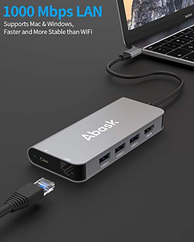 USB C Hub 8 en 1, Abask Adaptador USB C con 4K HDMI, Puerto Gigabit Ethernet, 3 Puertos USB 3.0, Lector Tarjetas SD/TF, 100W Power Delivery Carga, Compatible con Macbook Pro, DELL XPS, Chromebook, etc