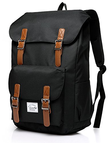 VASCHY Mochila Hombre, Mochila Mujer Casual Mochila para Portatil 15.6 Pulgadas Mochilas Escolares Vintage Mochila Universidad Mochilas Juveniles Resistente al Agua Negro