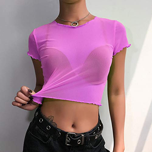 VEMOW Camisetas Mujer Moda Fluorescente O-Cuello Manga Corta Malla Perspectiva Corto Ombligo Top(Púrpura,S)