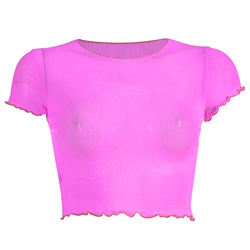 VEMOW Camisetas Mujer Moda Fluorescente O-Cuello Manga Corta Malla Perspectiva Corto Ombligo Top(Púrpura,S)