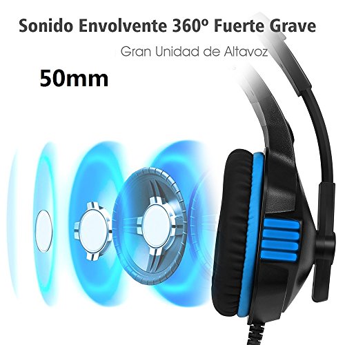 VersionTECH. Auriculares Gaming con Micrófono Aislante,Sonido Envolvente,Luz LED,Volumen Control,Para PC/Tableta/PSP/PS4/Móvil/Xbox One(Azul)