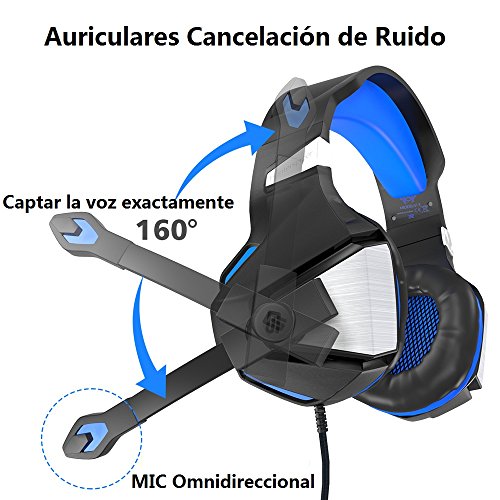 VersionTECH. Auriculares Gaming con Micrófono Aislante,Sonido Envolvente,Luz LED,Volumen Control,Para PC/Tableta/PSP/PS4/Móvil/Xbox One(Azul)