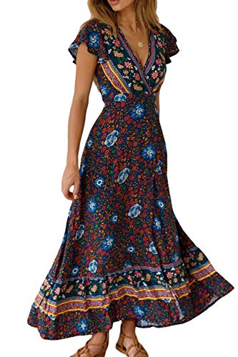 Vestido Mujer Bohemio Largo Verano Playa Fiesta Floral Manga Corta Cuello en V Talla Split Wrap Maxi Vestidos 1 S