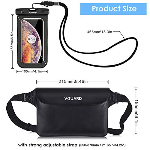 VGUARD Set de Bolsa Waterproof con Riñonera Impermeable Bolsa Cintura y Funda Móvil Impermeable para Playa Natación Canotaje Pesca, Protección Teléfono Móvil, Cámara, Documento, Pasaporte (Negro)