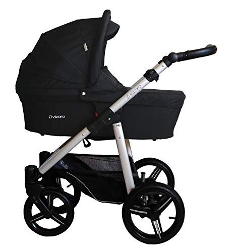 Vizaro ONYX 2020 DÚO 2 en 1 - Carrito Bebé GAMA ALTA - MARCA ESPAÑOLA - Ligero y funcional - Garantía 3 Años - Textil NEGRO Chasis PLATEADO