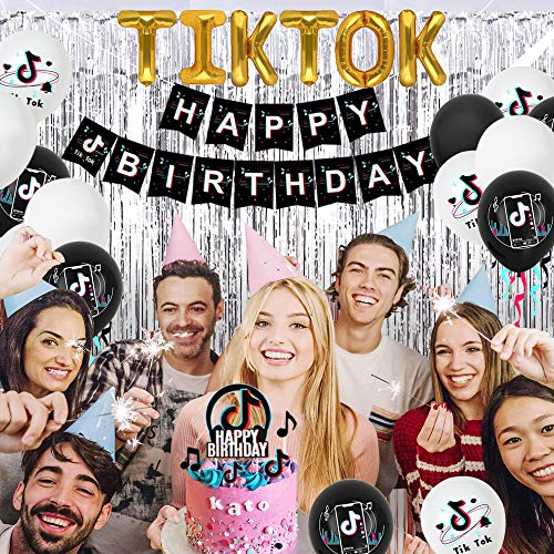 VSTON TIK Tok Decoraciones Fiesta Cumpleaños,TIK Tok Banner Mantel Cortina de Flecos Globo de Papel de Aluminio y Globos de látex Adornos para Tartas Suministros para Fiestas de cumpleaños