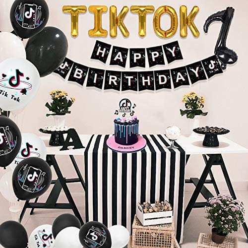 VSTON TIK Tok Decoraciones Fiesta Cumpleaños,TIK Tok Banner Mantel Cortina de Flecos Globo de Papel de Aluminio y Globos de látex Adornos para Tartas Suministros para Fiestas de cumpleaños