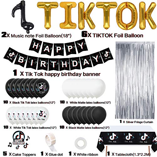 VSTON TIK Tok Decoraciones Fiesta Cumpleaños,TIK Tok Banner Mantel Cortina de Flecos Globo de Papel de Aluminio y Globos de látex Adornos para Tartas Suministros para Fiestas de cumpleaños