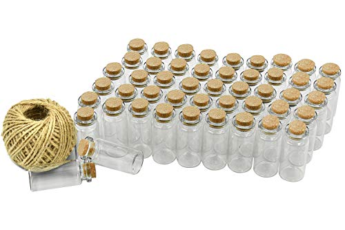 Wandefol 48pcs Botella de Mensaje, Botellas Cristales Pequeñas, Botella de Vídrio con Tapón de Corcho para Manualidad Decoración con Cordel Transparente a Prueba de Golpe Madera Yute Vídrio 10ml