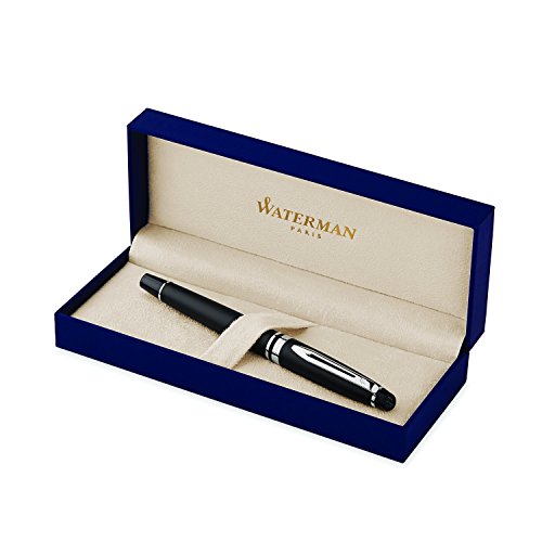 Waterman Expert rotulador roller, con adorno cromado, punta fina con cartucho de tinta negra, estuche de regalo, color negro mate