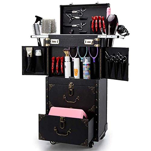 Wensa Rolling Bloqueable Maleta de Maquillaje Maletín Tren Peluqueria Carrito Estilista Belleza Salón Cosmético Equipaje Viajar Organizador Herramienta Caja con Secador de Pelo Poseedor