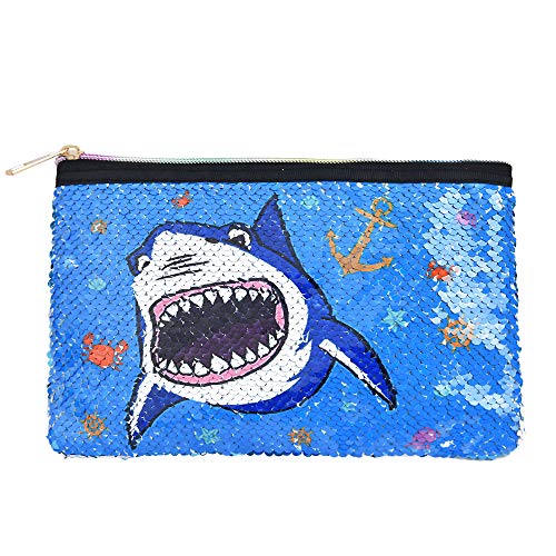 WERNNSAI Tiburón Bolsa Cosmética - Lentejuela Reversible Bolsa de Maquillaje con Cremallera Estuche Azul Portátil Bolsa de Aseo Escala de Brillo Bolsa de Maquillaje para Monedero