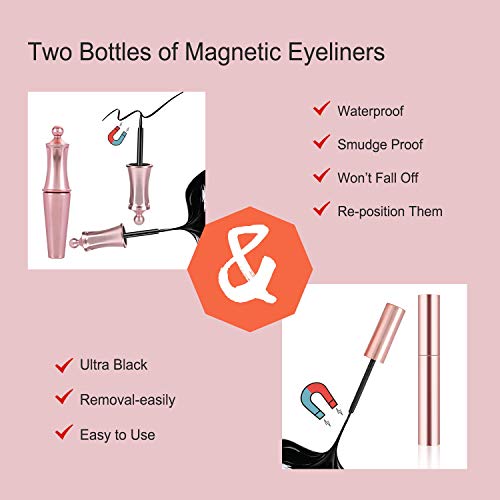 Winload Pestañas Magnéticas con Eyeliner, 2 Pares de 3D Pestañas Postizas Naturalescon 2 Piezas de Delineador de Ojos Impermeable, Pestañas Imantadas Reutilizables, No Se Necesita Pegamento,5 Imanes