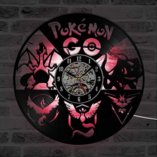 wtnhz LED Reloj de Pared de Vinilo Colorido Reloj de Pared con Disco de Vinilo de Pokemon con iluminación LED, Pegatinas de Dibujos Animados en 3D, Reloj de Vinilo de Pikachu, Reloj de Pared para